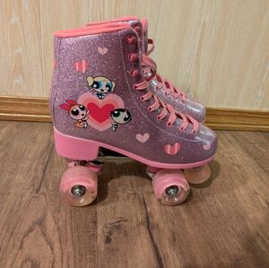 Dolls Kill x The Powerpuff Girls glitter heart quad roller skates.